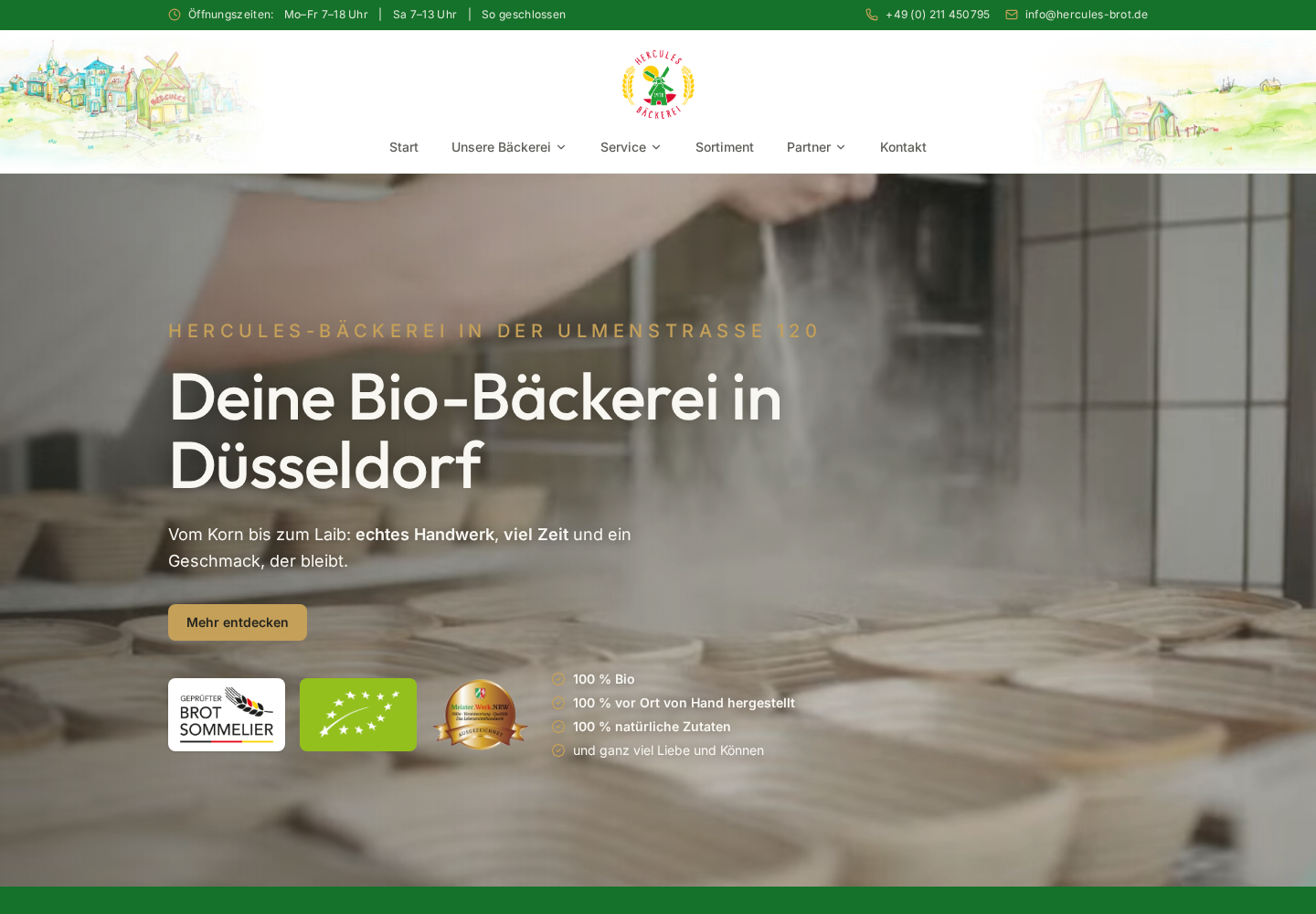 Desktop-Ansicht der Website der Hercules Bäckerei